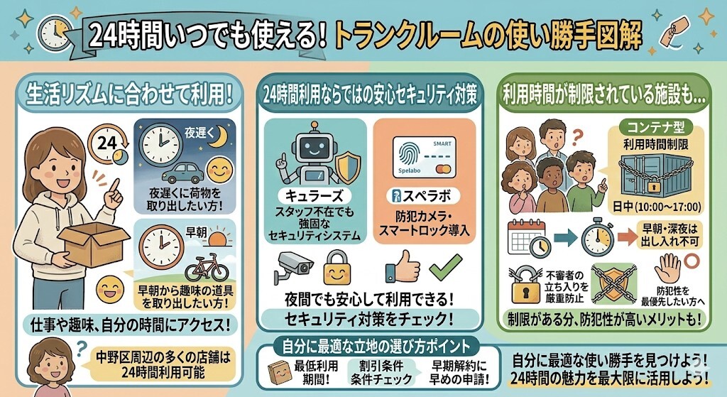 24時間いつでも使えるトランクルームの使い勝手をわかりやすく図解