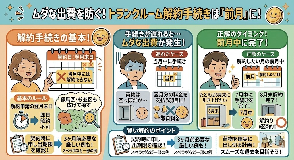 ムダな出費を防ぐ!トランクルームの解約手続きは前月に行うことをわかりやすく図解