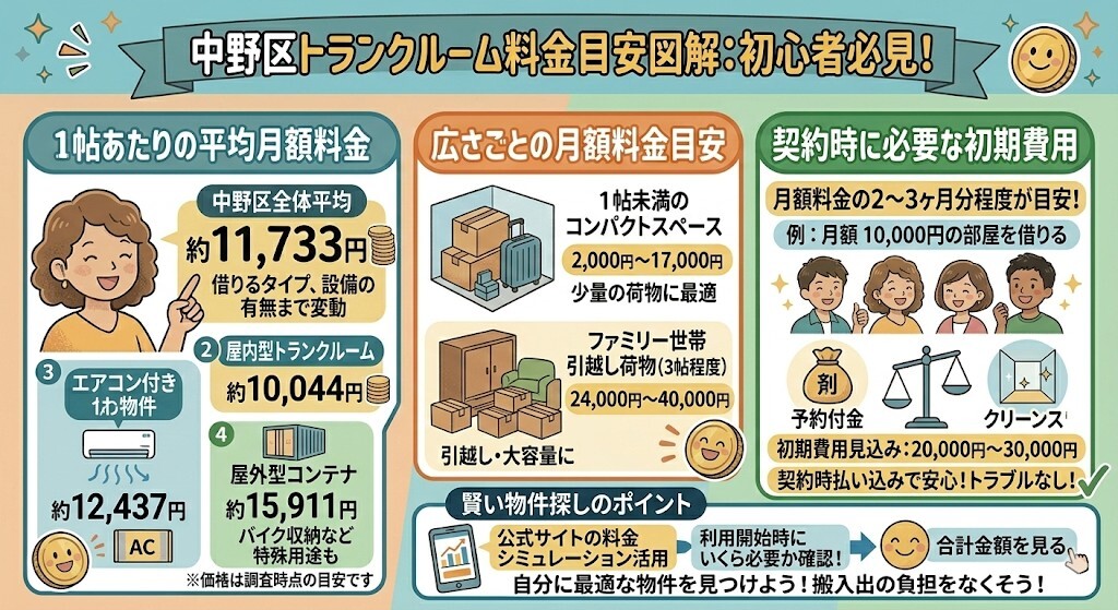 中野区の1帖あたりの平均月額料金と初期費用の目安をわかりやすく図解