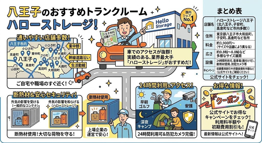 八王子のおすすめトランクルーム1社目が「ハローストレージ」であることをわかりやすく図解
