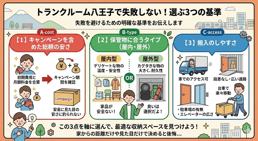 トランクルーム八王子で失敗しない!月額料金や広さで迷わず選ぶ3つの基準をわかりやすく図解