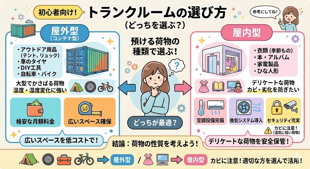 格安で広い「屋外型」か、カビ対策・空調完備の「屋内型」か?をわかりやすく図解