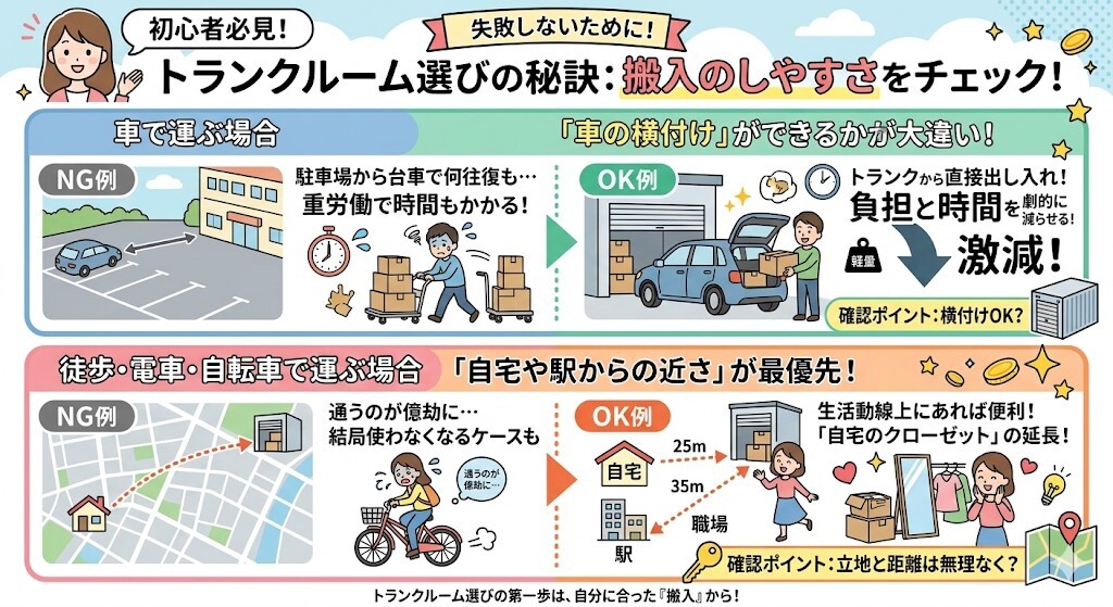 搬入のしやすさに直結!駐車場(車の横付け)と駅からのアクセスを確認するをわかりやすく図解