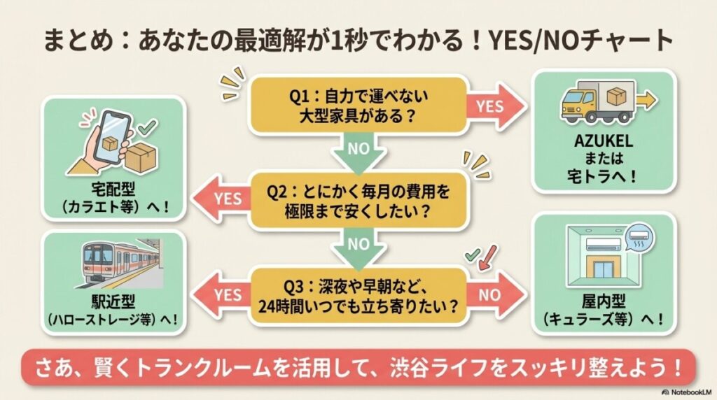 まとめ:渋谷のトランクルームは実質コストと目的で賢く選ぼう