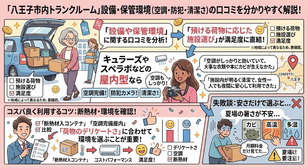 八王子市内のトランクルームの設備・保管環境(空調完備・防犯カメラ・清潔さ)の口コミをわかりやすく図解