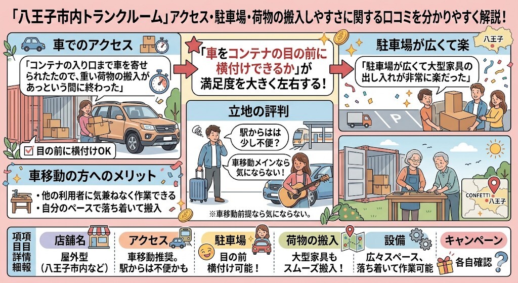 八王子市内のトランクルームのアクセス・駐車場・荷物の搬入しやすさに関する口コミをわかりやすく図解