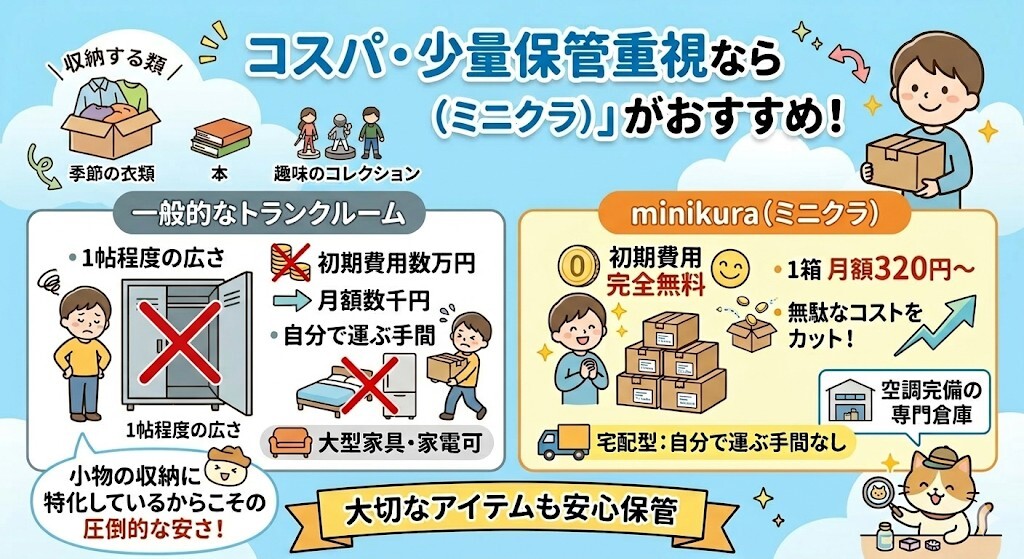 コスパ・少量保管重視なら「minikura(ミニクラ)」が一択な理由をわかりやすく図解