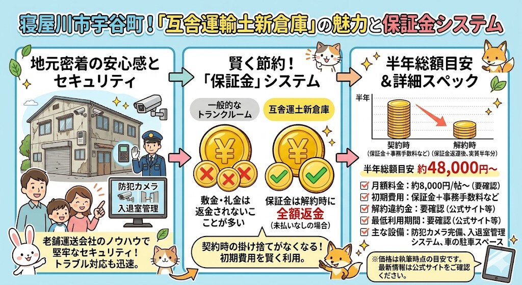 互舎運輸土新倉庫(宇谷町)のセキュリティと保証金制度をわかりやすく図解
