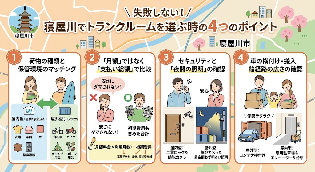 失敗しない!寝屋川でトランクルームを選ぶ時の4つのポイントをわかりやすく図解