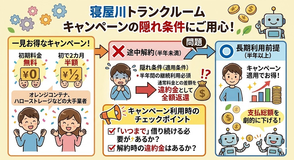 寝屋川トランクルームのキャンペーン利用時の「隠れ条件」をわかりやすく図解