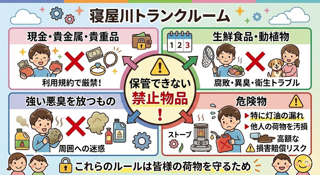 寝屋川トランクルームに保管できない禁止物品の把握をわかりやすく図解
