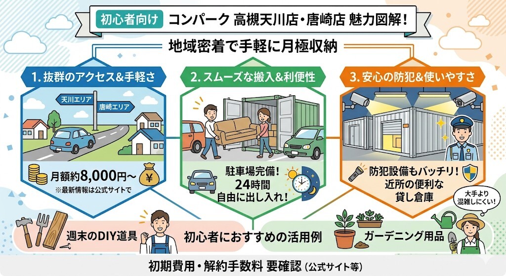 コンパーク 高槻天川店・唐崎店(地域密着で手軽に月極収納)をわかりやすく図解