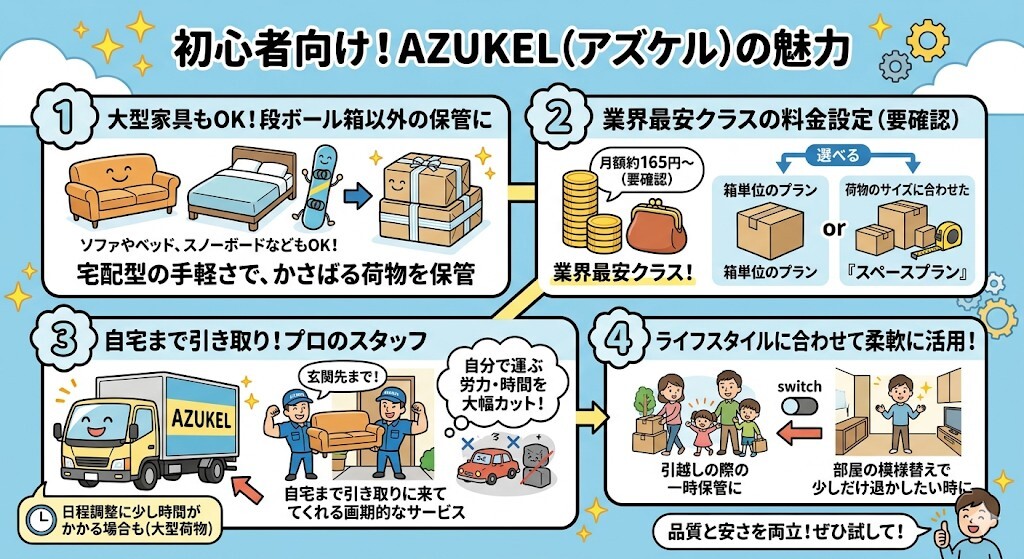 AZUKEL / アズケル(大型家具もOK!ダンボール箱以外の保管に)をわかりやすく図解