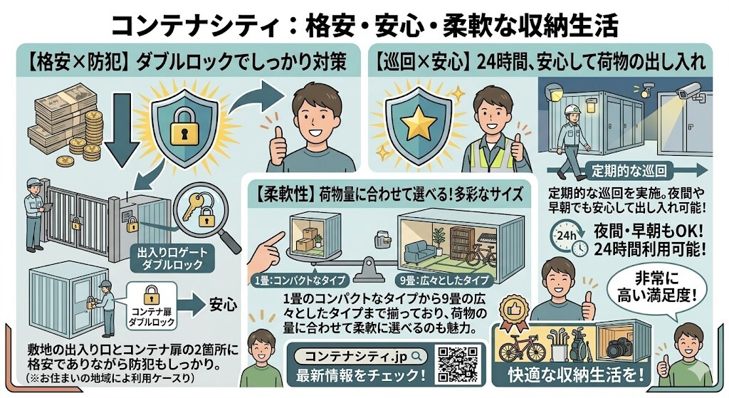 コンテナシティの防犯対策と柔軟に施設タイプを選べることをわかりやすく図解