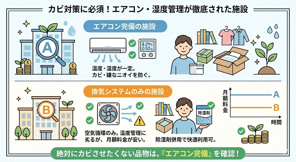 カビ対策に必須!エアコン・湿度管理が徹底された施設をわかりやすく図解