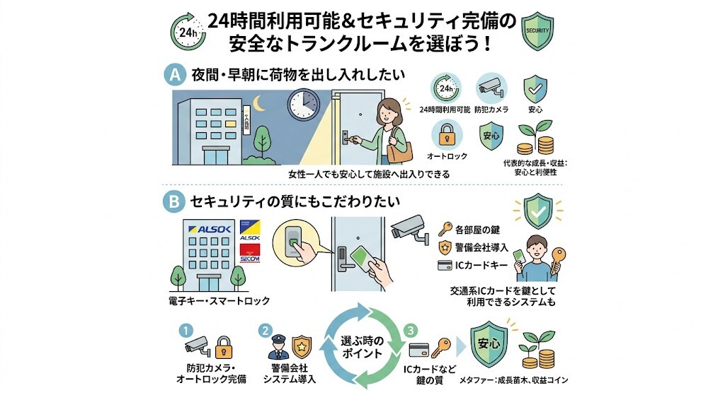 24時間利用可能&防犯カメラ・オートロック完備の安全な店舗をわかりやすく図解