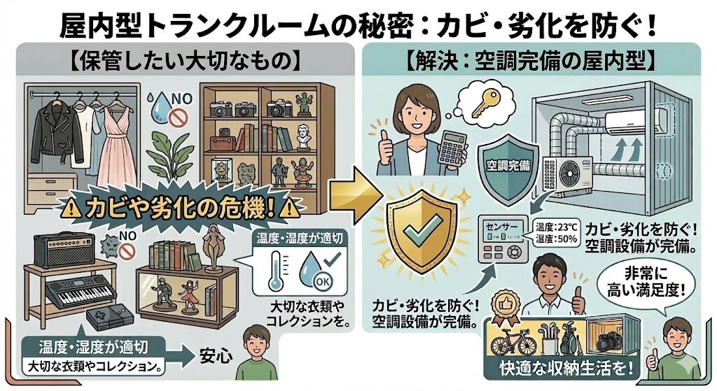 大切な衣類やコレクション、湿気に弱い電化製品などをカビや劣化から守りたいなら、空調設備が完備された「屋内型トランクルーム」がおすすめということをわかりやすく図解