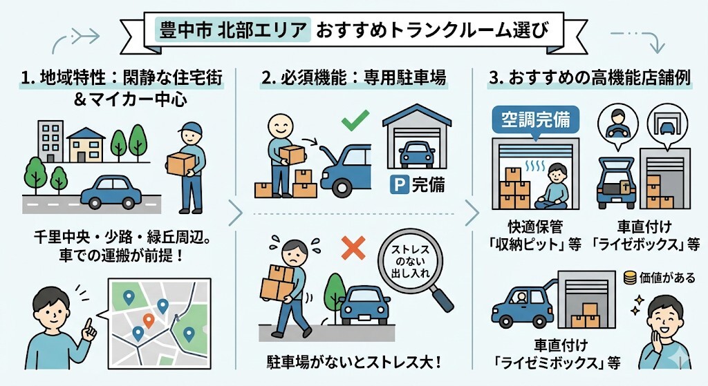 豊中市北部エリアでおすすめのトランクルームをわかりやすく図解