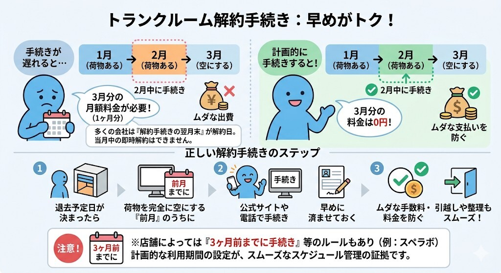 トランクルームの解約手続きを前月に行う必要性をわかりやすく図解