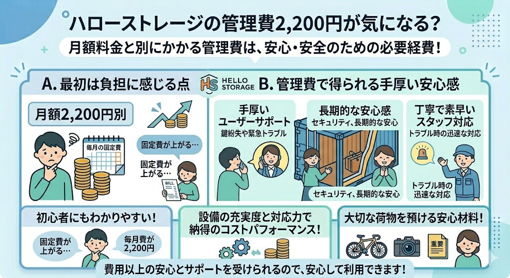 ハローストレージの口コミ・評判は?管理費2,200円の価値はある?をわかりやすく図解