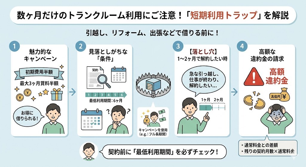 数ヶ月だけのトランクルーム利用に潜む短期利用トラップをわかりやすく図解