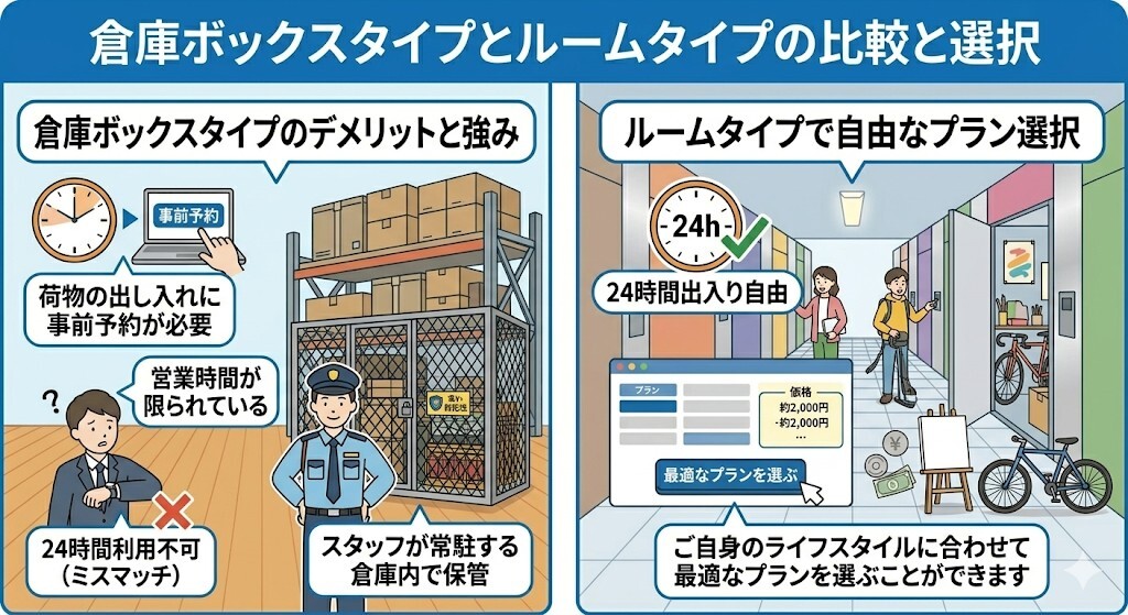 倉庫ボックスタイプにミスマッチな人とルームタイプで自由なプラン選択ができることをわかりやすく図解