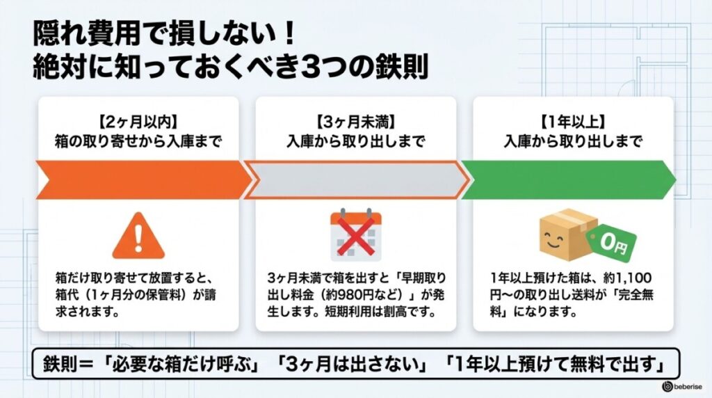 隠れ費用で損しない!絶対に知っておくべき3つの鉄則(①2ヶ月ルール、②3ヶ月ルール、③1年以上で送料無料)