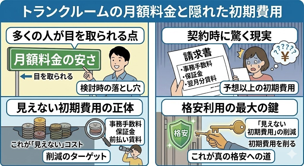 トランクルームの月額料金と隠れた初期費用で失敗する流れをわかりやすく図解