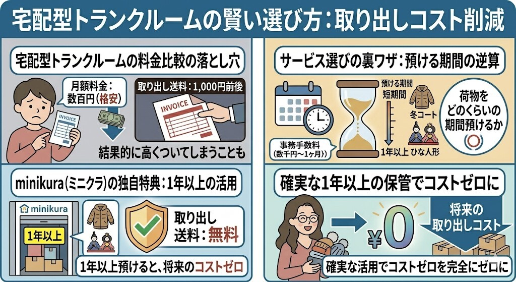 トランクルーム初期費用を安く抑える裏ワザ:宅配型の「送料無料特典」を利用期間から逆算する方法をわかりやすく図解