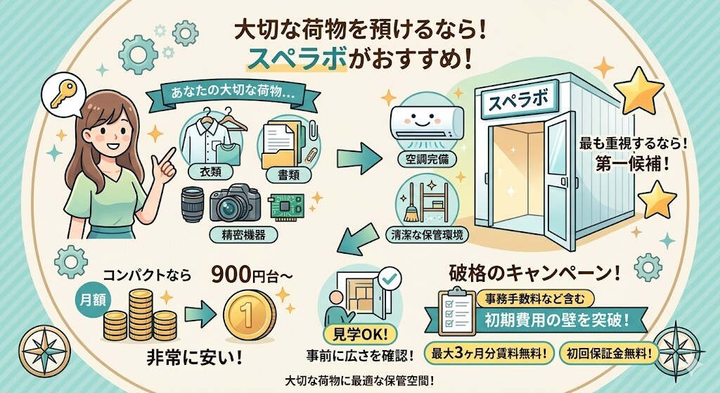空調設備や保管環境を最も重視する方に第一候補としておすすめなのはスペラボということをわかりやすく図解