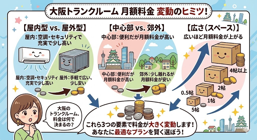 大阪のトランクルームの月額料金は、「屋内型か屋外型か」「中心部か郊外か」そして「広さ」によって大きく変動することをわかりやすく図解