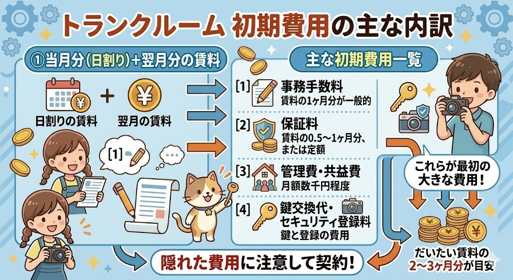 トランクルームの初期費用の主な内訳をわかりやすく図解