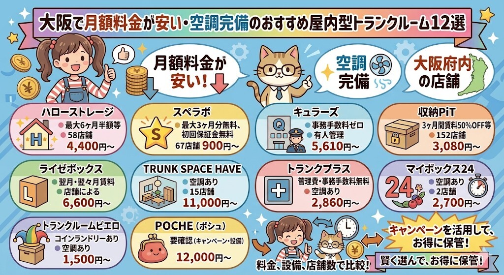 【屋内型】大阪で月額料金が安い・空調完備のおすすめトランクルーム12選をわかりやすく図解