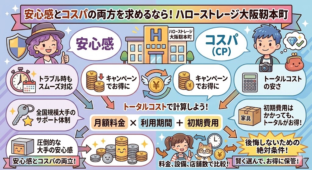 安心感とコスパの両方を求めるなら、ハローストレージ大阪靭本町がおすすめということをわかりやすく図解
