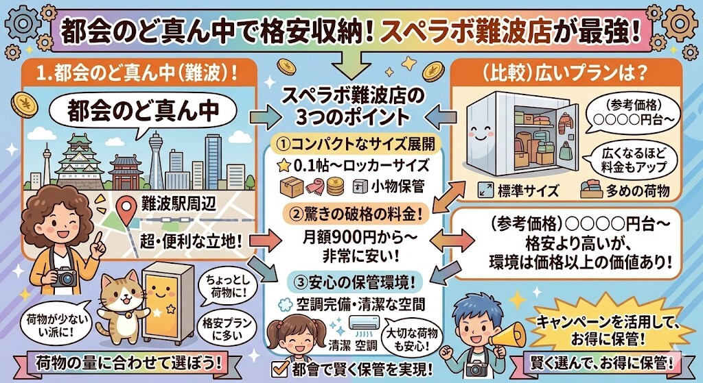 都会のど真ん中で格安の収納スペースを確保したいなら、スペラボ難波店が一押しということをわかりやすく図解