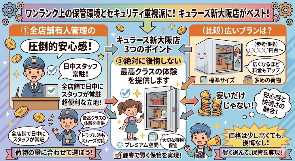 ワンランク上の保管環境とセキュリティを重視する方には、キュラーズ新大阪店がベストということをわかりやすく図解