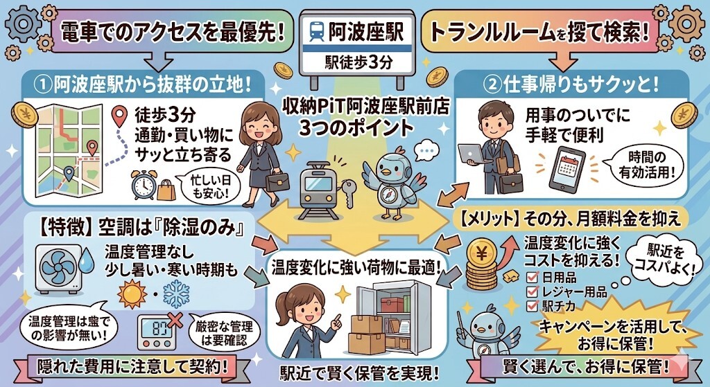 電車でのアクセス性を何よりも優先したい方には、収納PiT阿波座駅前店がぴったりということをわかりやすく図解