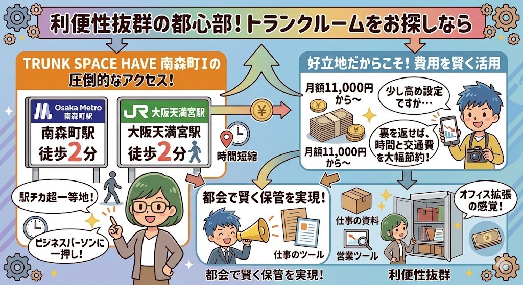 利便性の高い都心部でトランクルームをお探しなら、TRUNK SPACE HAVE 南森町Ⅰの検討がおすすめということをわかりやすく図解