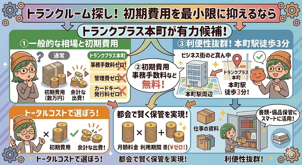 初期費用の負担を最小限に抑えたい方は、トランクプラス本町が非常に有力な候補となることをわかりやすく図解