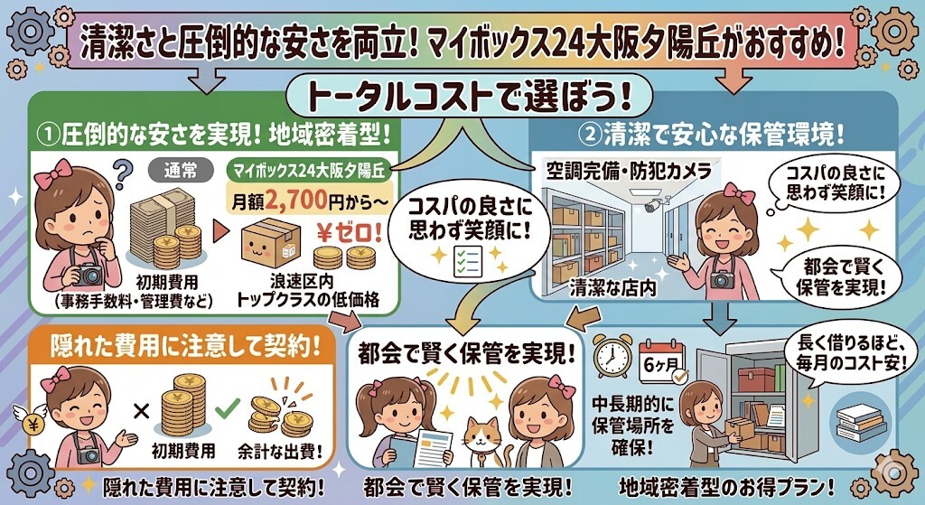 清潔さと圧倒的な安さを両立させたい方には、マイボックス24大阪夕陽丘をおすすめということをわかりやすく図解