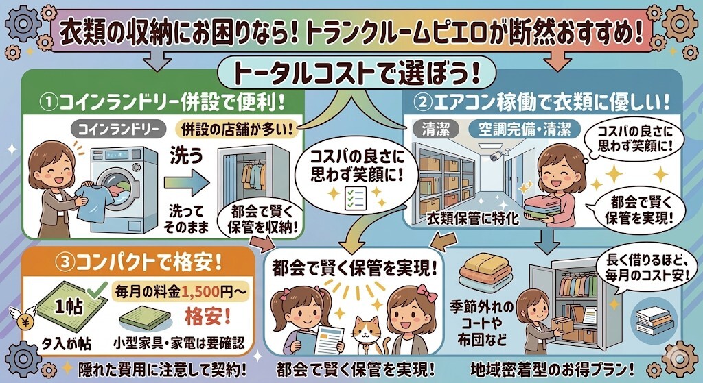 衣類の収納スペースにお困りの方には、トランクルームピエロが断然おすすめということをわかりやすく図解