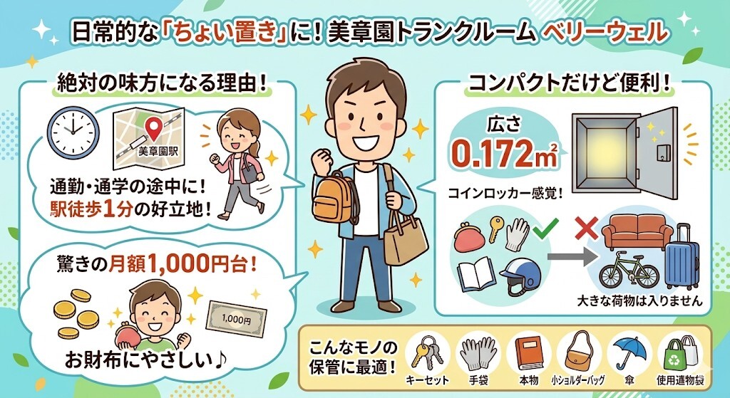 日常的に手軽に荷物を出し入れしたい方には、美章園トランクルーム ベリーウェルが絶対の味方になることをわかりやすく図解