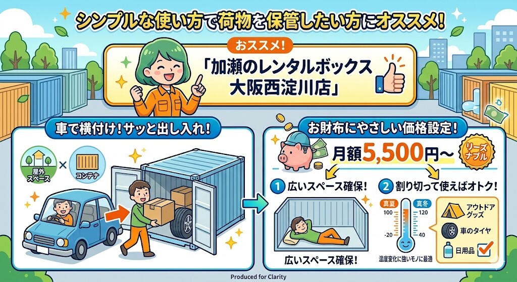シンプルな使い方で荷物を保管したい方には、加瀬のレンタルボックス大阪西淀川店がおすすめということをわかりやすく図解