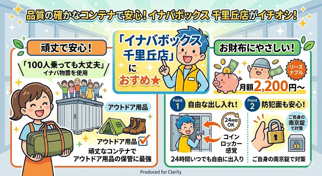 品質の確かなコンテナで安心して荷物を預けたいなら、イナバボックス 千里丘店がイチオシということをわかりやすく図解