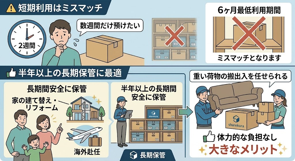 数週間だけちょっと預けたいといった短期利用を希望する方にはミスマッチだが、半年以上の長期間にわたって家財道具一式を安全に保管したい方にとっては、これ以上心強いサービスはないことをわかりやすく図解