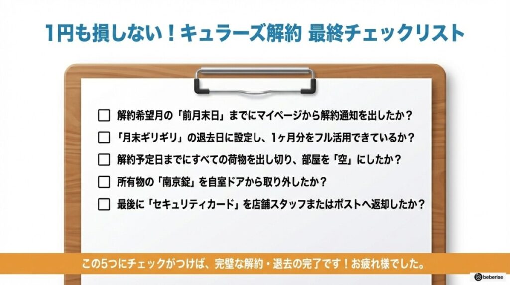 キュラーズ解約は2ステップ!違約金ゼロ・日割りなしの注意点のまとめ